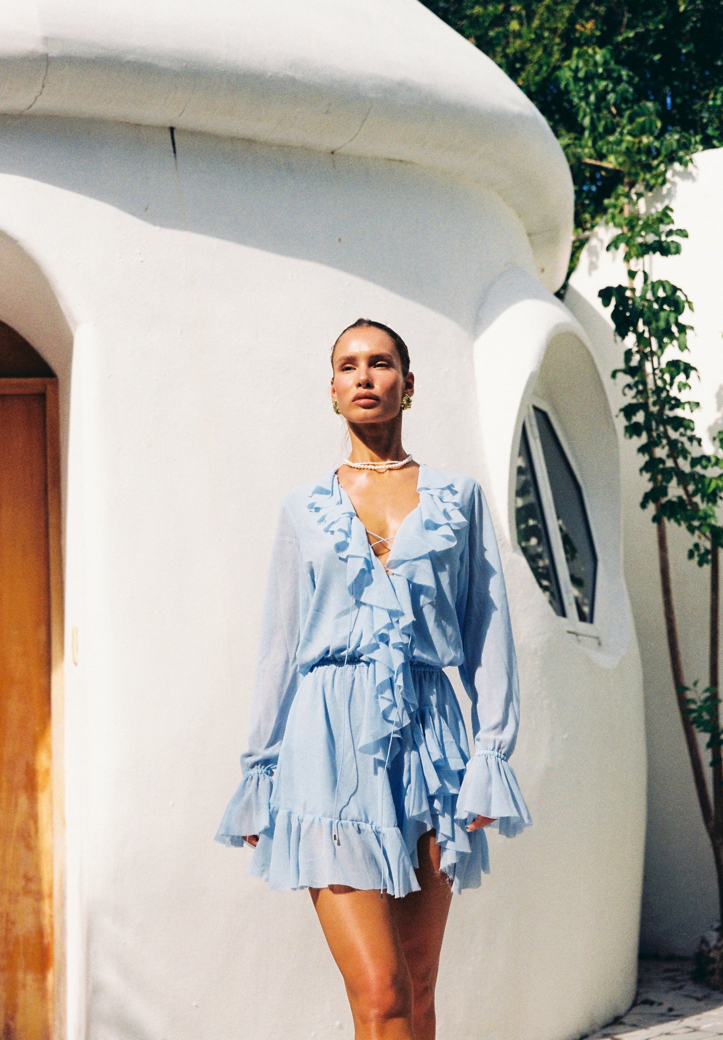Bellen Ruffled Mini Dress - Pacific Blue