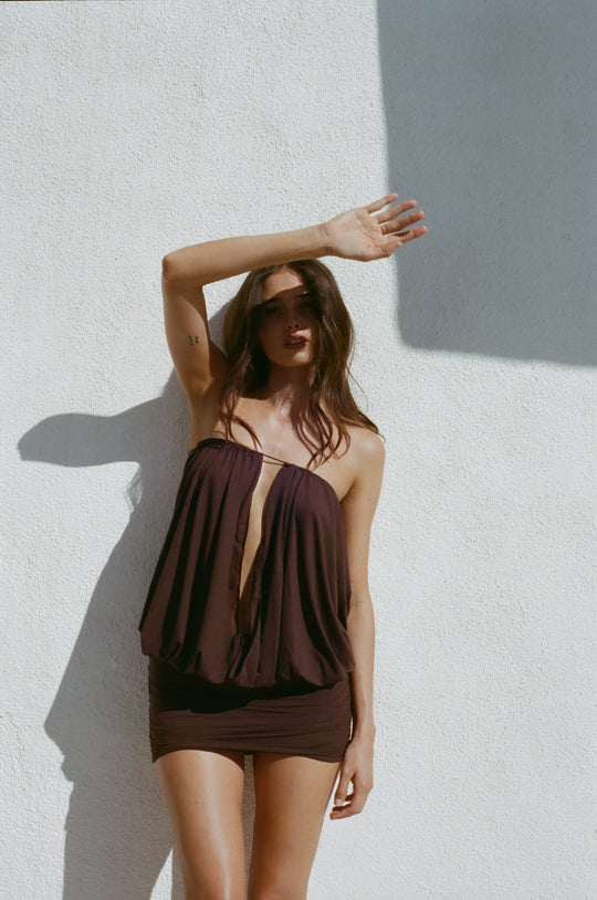 Indiah Margaret Mini Dress - Kopi Brown Mesh - Halter Dress Multiwear to Strapless Dress