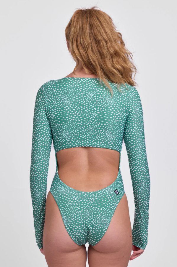 Green long sleeve cutout swimsuit with white spots by Indah in resort wear - Sunset Park Resort