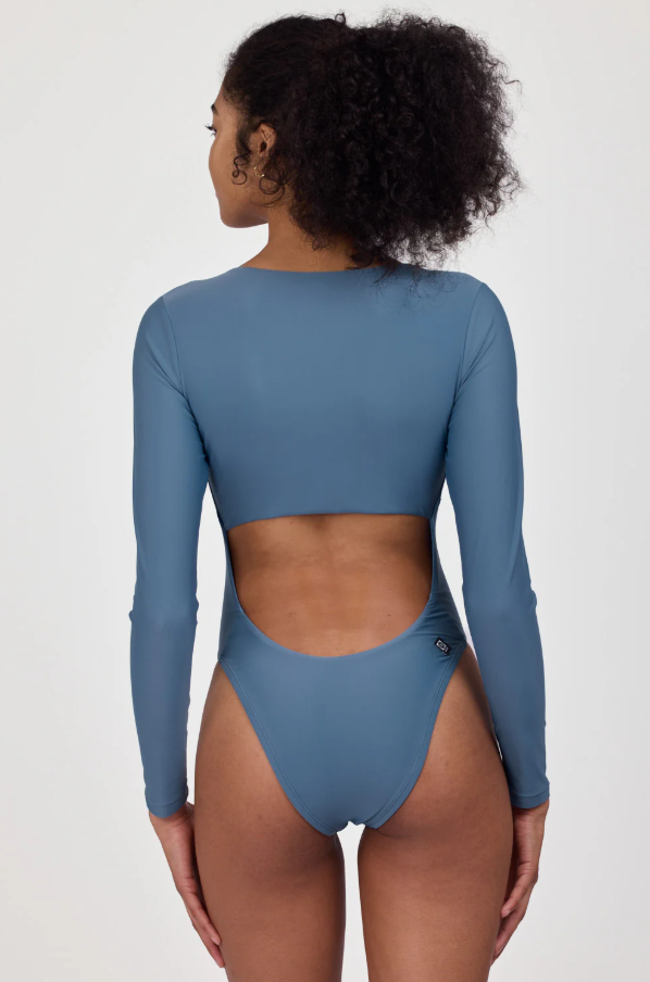 Blue long sleeve cutout swimsuit by Indah in resort-wear style - Sunset Park Resort