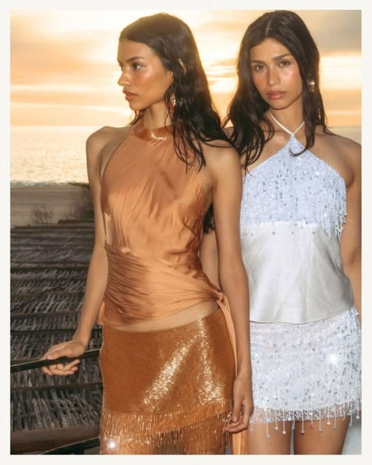 ESTELLA HAND BEADED MINI SKIRT- ALMOND