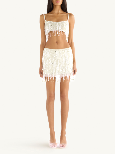 YASMIN HAND BEADED MINI SKIRT- SALT