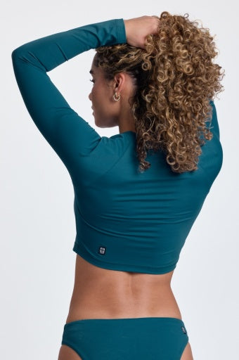 Long sleeve teal crop top and bikini bottoms by Oceanus in teal - Sunset Park Resort