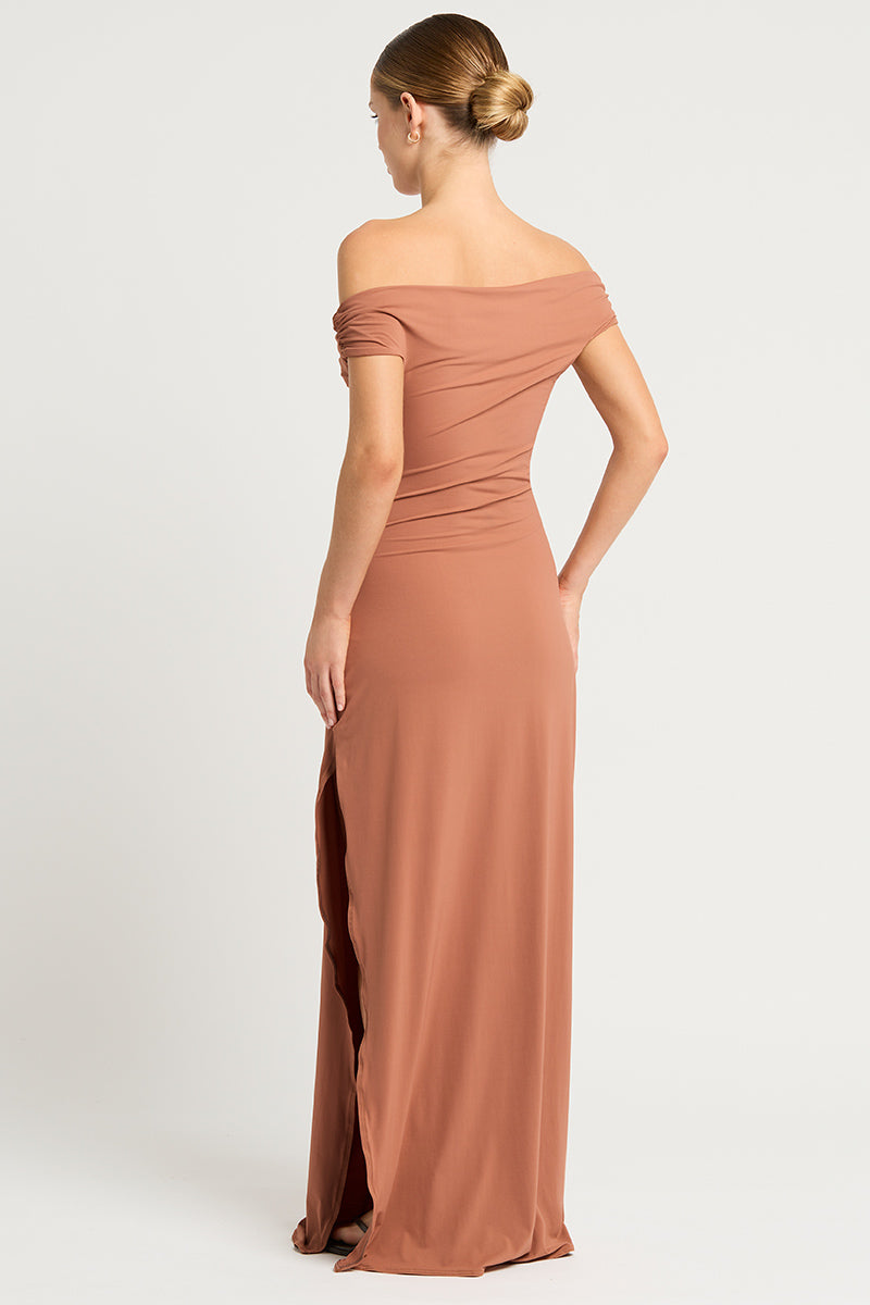 Off-shoulder brown maxi dress by Indah in Sienna - Sunset Park Resort